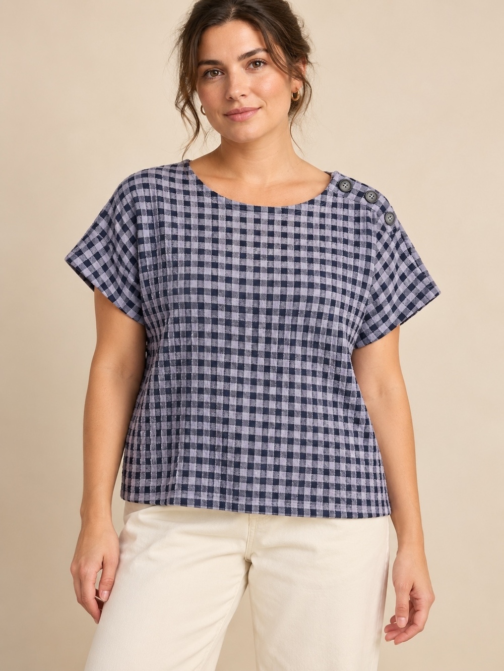 Madewell Gingham Knit Seersucker Button Shoulder Top Lavender Large